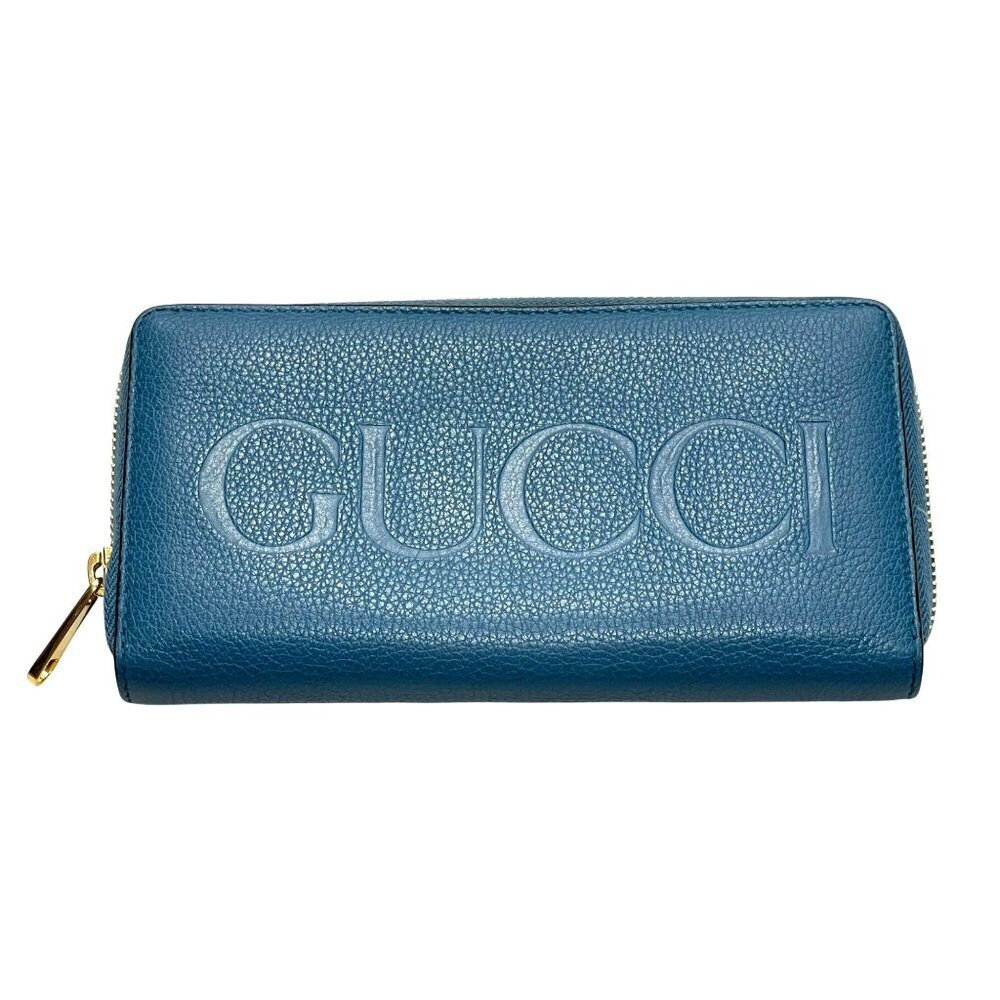 Gucci Blue Leather ZipAround Wallet Embossed Logo Authentic